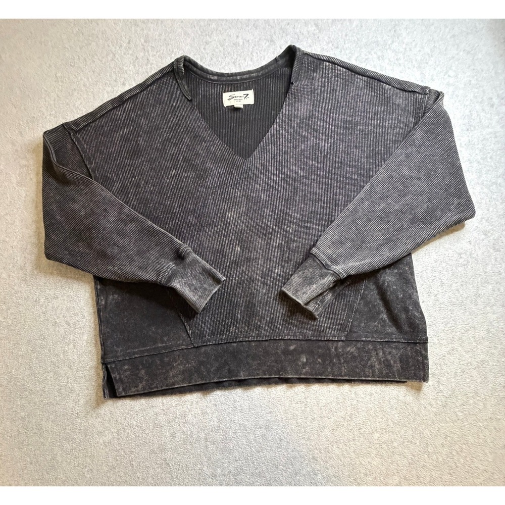 Seven7 Women Acid Wash Waffle Knit V-Neck Pullover Top Charcoal Grey Large